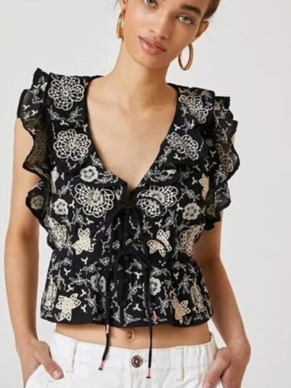 Anthropologie Black Floral Eyelet Tie-Front Ruffle Top